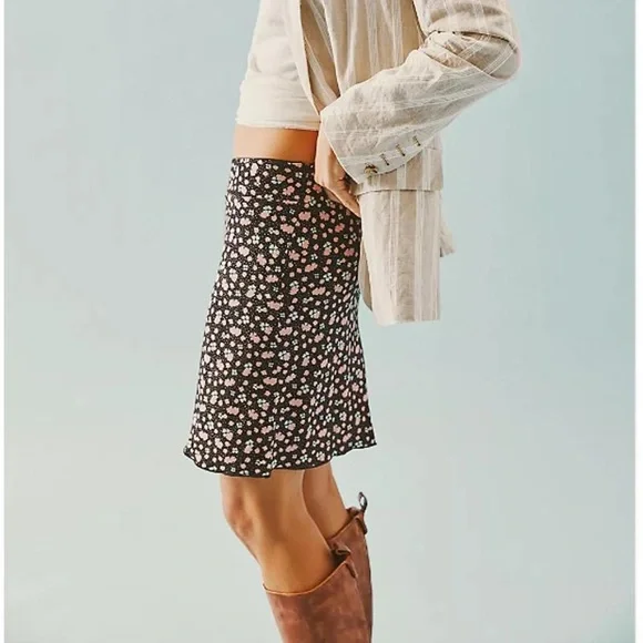 FREE PEOPLE Floral Midi Skirt Black Mint Green Soft Pink - Picture 4 of 15